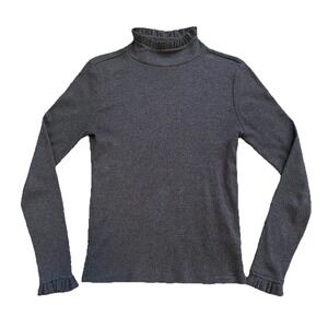 JCrew Vintage Ribbed Top Ruffle Mock Neck Sz S Long Sleeve Y2K Gray Fall Preppy